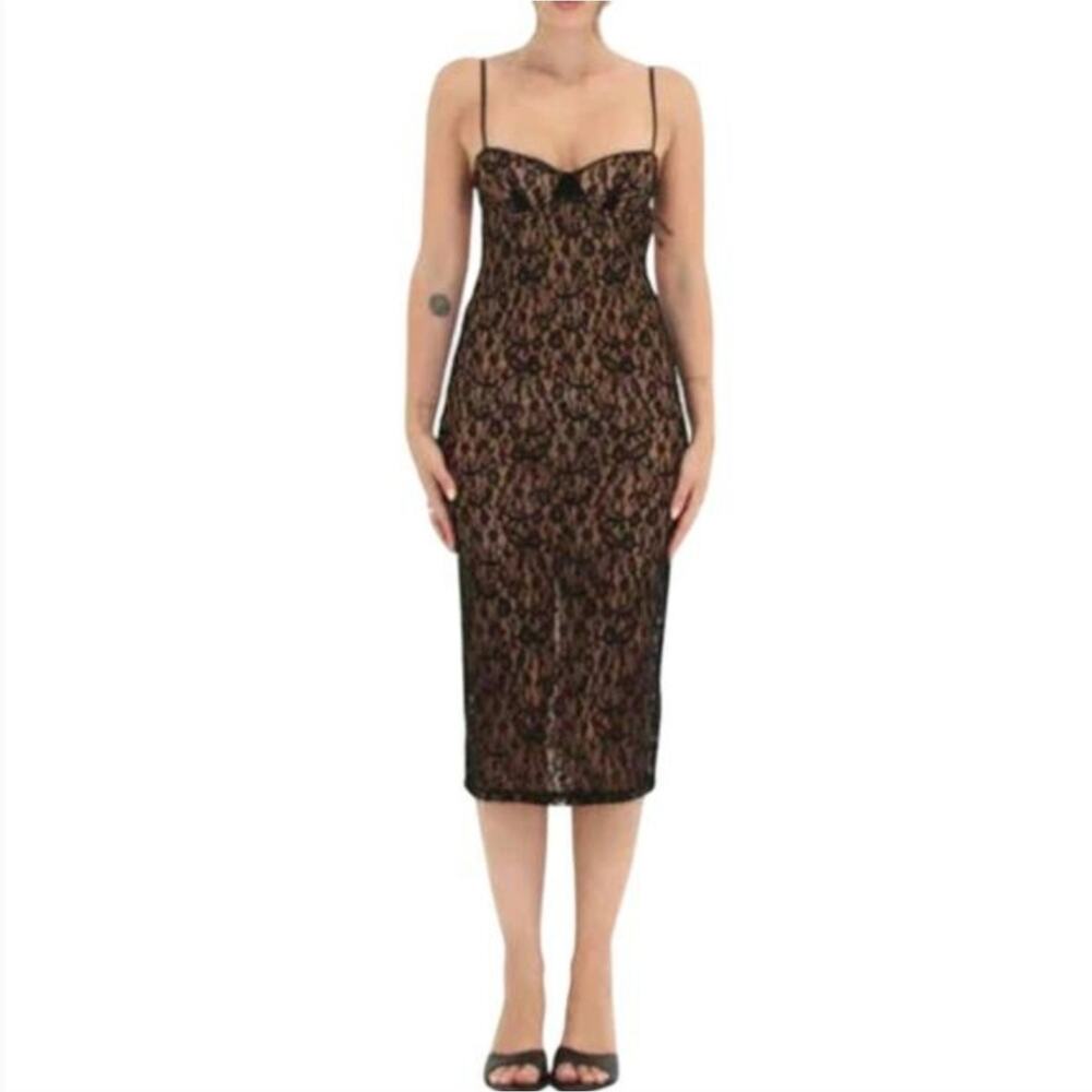 Rumored Bordeaux Black Floral Crochet Lace Open Back Bustier Midi Dress NWT S